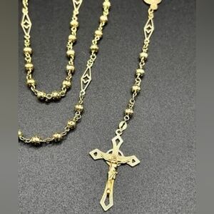 Solid 14K Yellow Gold Beaded Rosary Necklace weighs 12.56 Grams Brand new